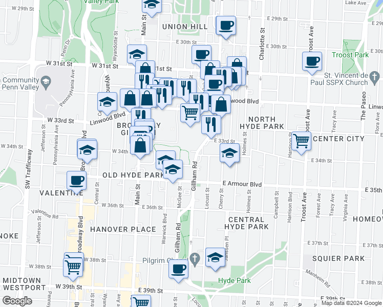 map of restaurants, bars, coffee shops, grocery stores, and more near 3402 Gillham Road in Kansas City
