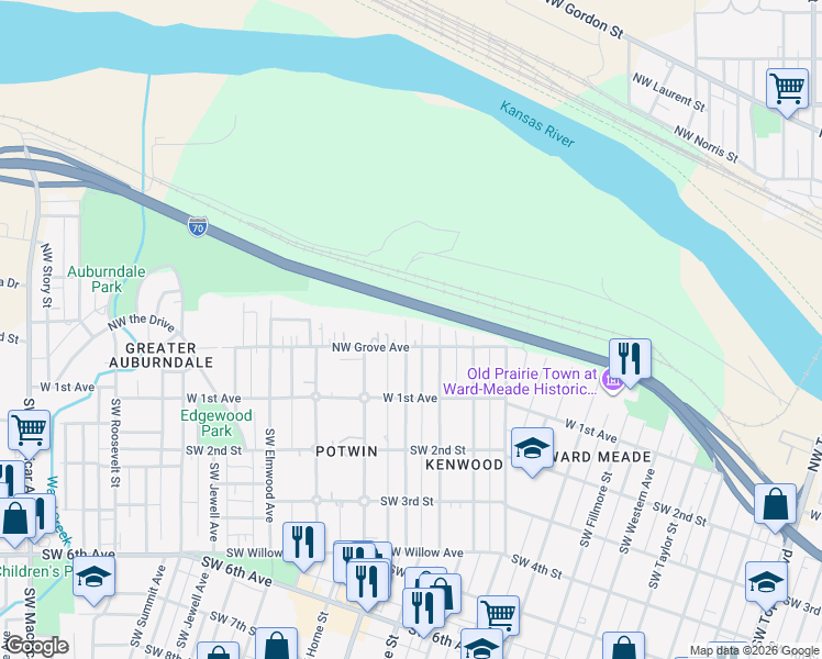 map of restaurants, bars, coffee shops, grocery stores, and more near Highway 4 in Topeka
