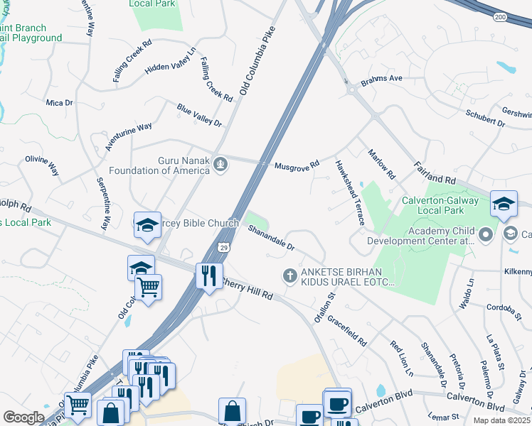 map of restaurants, bars, coffee shops, grocery stores, and more near 2504 McHenry Drive in Silver Spring