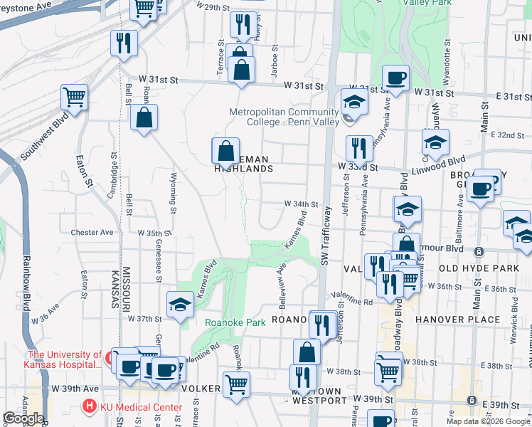 map of restaurants, bars, coffee shops, grocery stores, and more near 3400 West Coleman Road in Kansas City