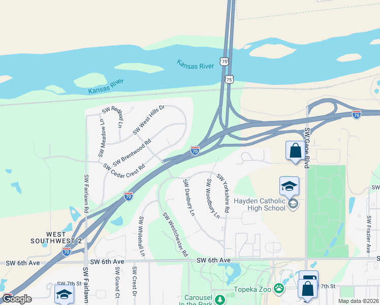 map of restaurants, bars, coffee shops, grocery stores, and more near Highway 4 in Topeka