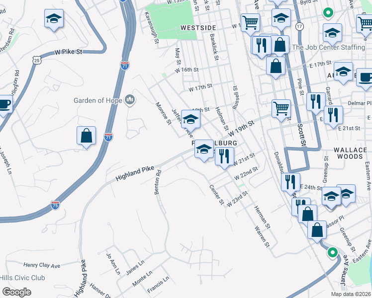 map of restaurants, bars, coffee shops, grocery stores, and more near 509 Hawthorne Street in Covington