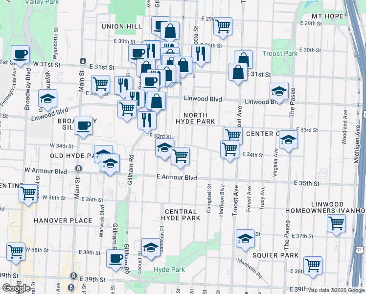 map of restaurants, bars, coffee shops, grocery stores, and more near 3317 Holmes Street in Kansas City