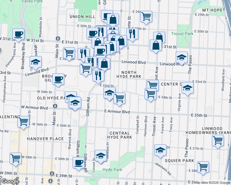 map of restaurants, bars, coffee shops, grocery stores, and more near 3317 Holmes Street in Kansas City