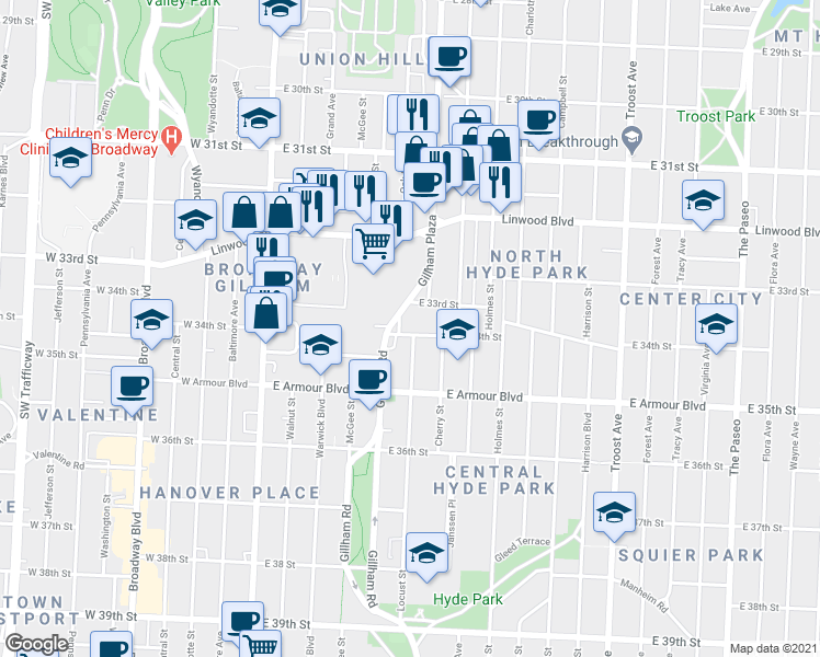 map of restaurants, bars, coffee shops, grocery stores, and more near 411 East 33rd Street in Kansas City