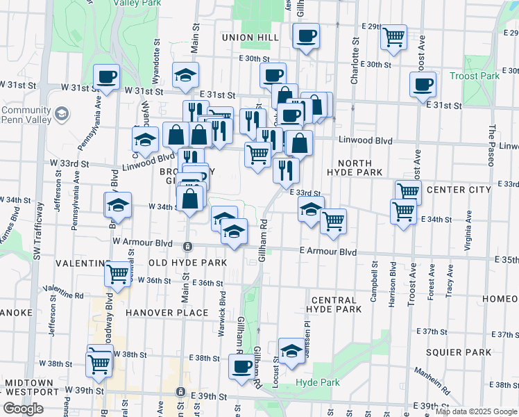 map of restaurants, bars, coffee shops, grocery stores, and more near 308 East 34th Street in Kansas City