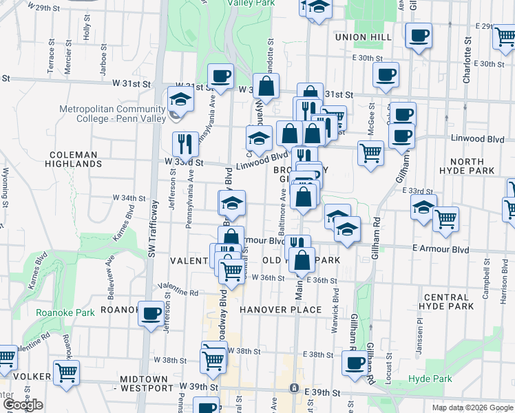 map of restaurants, bars, coffee shops, grocery stores, and more near 208 West 34th Street in Kansas City