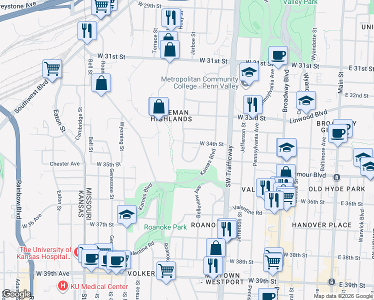 map of restaurants, bars, coffee shops, grocery stores, and more near 3400 West Coleman Road in Kansas City