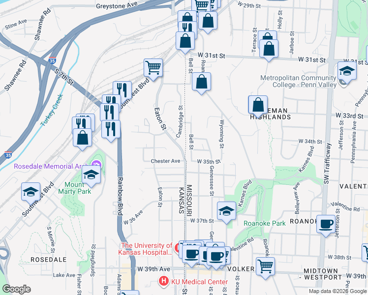 map of restaurants, bars, coffee shops, grocery stores, and more near 3121 Eaton Street in Kansas City