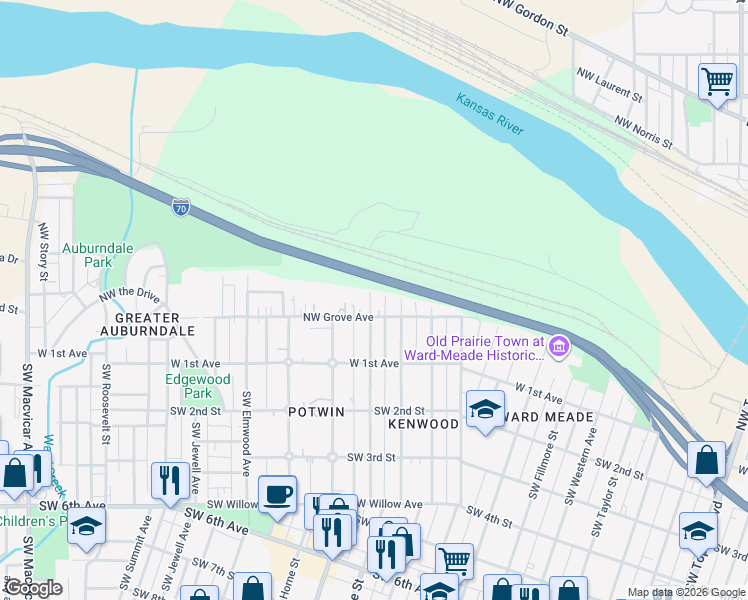 map of restaurants, bars, coffee shops, grocery stores, and more near Highway 4 in Topeka