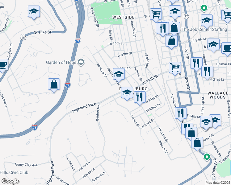 map of restaurants, bars, coffee shops, grocery stores, and more near 509 Hawthorne Street in Covington