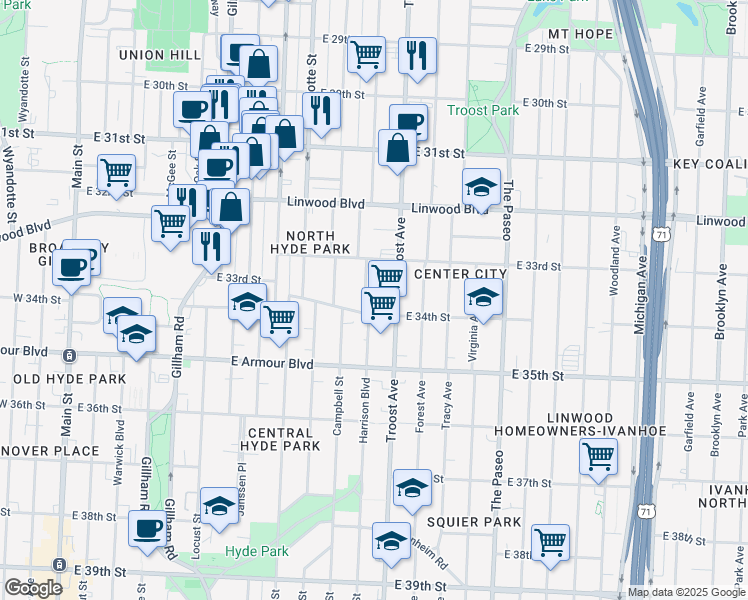 map of restaurants, bars, coffee shops, grocery stores, and more near 3324 Troost Avenue in Kansas City