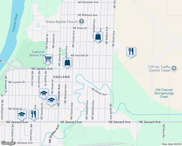 map of restaurants, bars, coffee shops, grocery stores, and more near 745 Northeast Winfield Avenue in Topeka