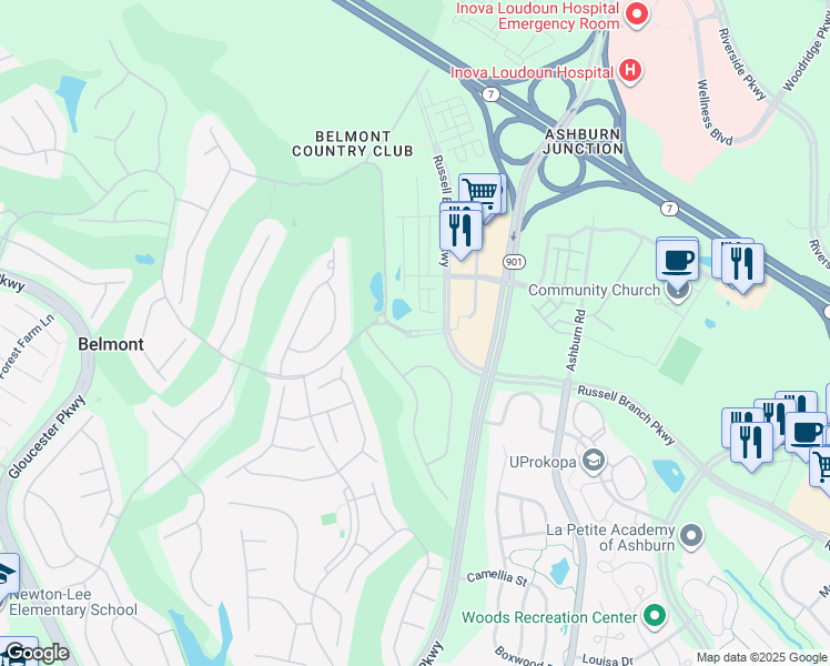 map of restaurants, bars, coffee shops, grocery stores, and more near 43750 Tournament Parkway in Ashburn