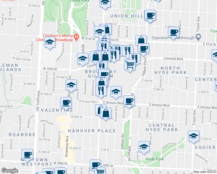 map of restaurants, bars, coffee shops, grocery stores, and more near 23 East 34th Street in Kansas City