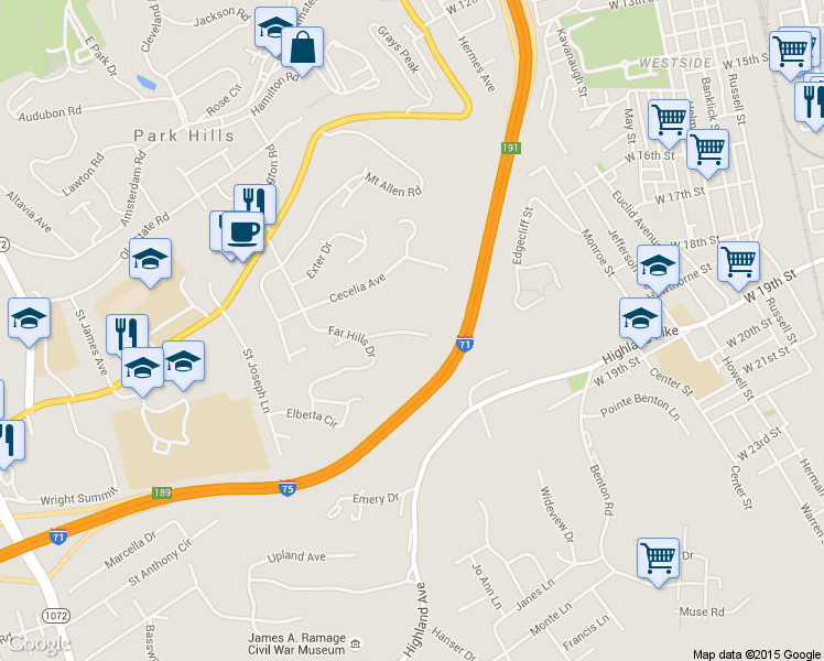 map of restaurants, bars, coffee shops, grocery stores, and more near 1135 Cedar Ridge Lane in Park Hills