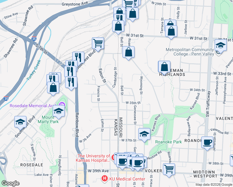 map of restaurants, bars, coffee shops, grocery stores, and more near 3121 Eaton Street in Kansas City