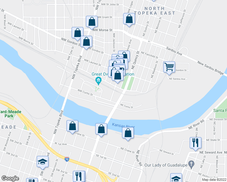 map of restaurants, bars, coffee shops, grocery stores, and more near 703 North Kansas Avenue in Topeka