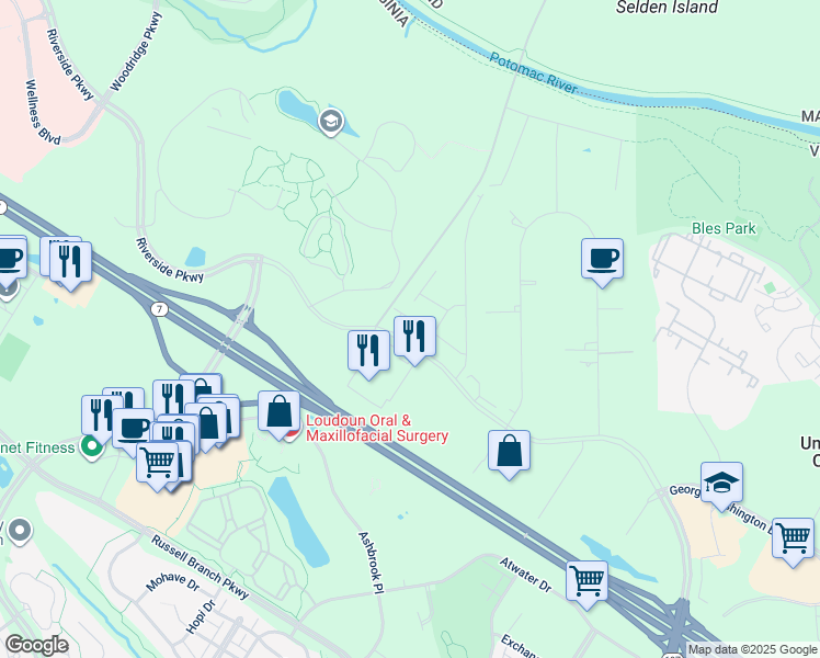 map of restaurants, bars, coffee shops, grocery stores, and more near 44486 Lowestoft Square in Ashburn