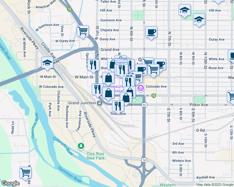 map of restaurants, bars, coffee shops, grocery stores, and more near 243 Colorado Avenue in Grand Junction
