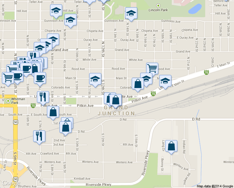 map of restaurants, bars, coffee shops, grocery stores, and more near 220 South 13th Street in Grand Junction