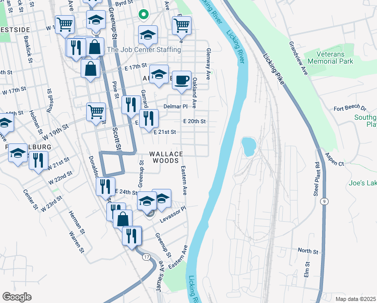 map of restaurants, bars, coffee shops, grocery stores, and more near 2122 Eastern Avenue in Covington