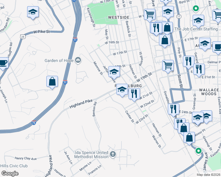map of restaurants, bars, coffee shops, grocery stores, and more near 509 Hawthorne Street in Covington