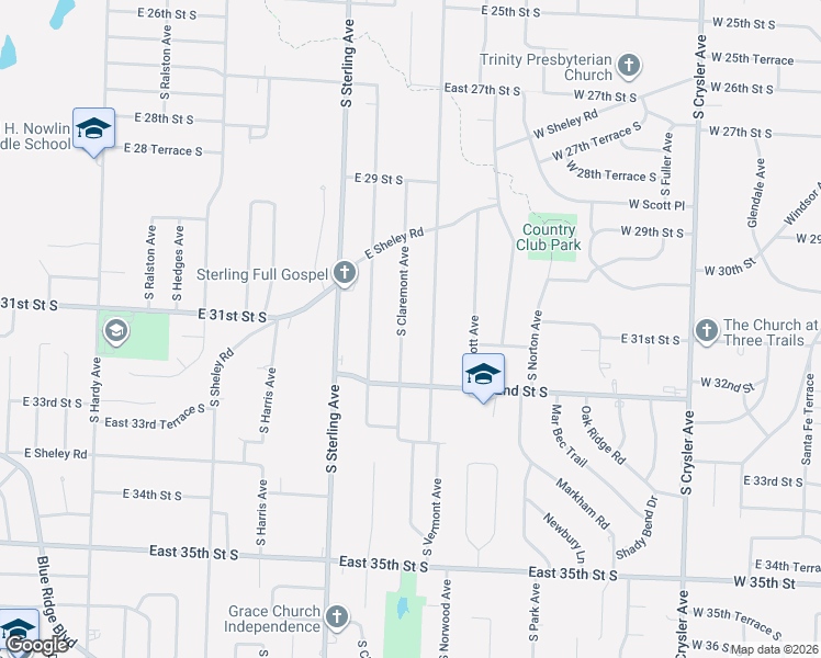 map of restaurants, bars, coffee shops, grocery stores, and more near 3032 South Claremont Avenue in Independence