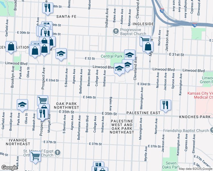 map of restaurants, bars, coffee shops, grocery stores, and more near 3401 East 33rd Street in Kansas City