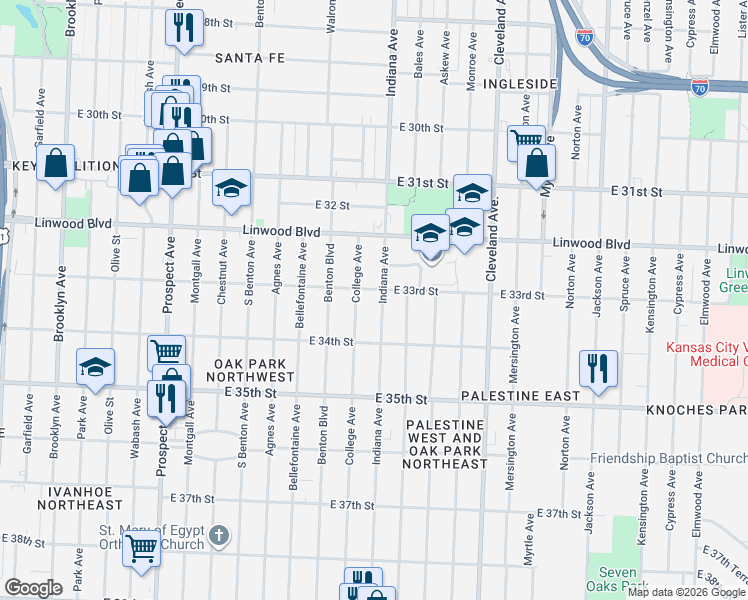 map of restaurants, bars, coffee shops, grocery stores, and more near 3401 East 33rd Street in Kansas City