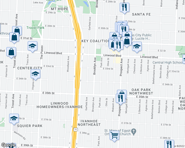 map of restaurants, bars, coffee shops, grocery stores, and more near 3311 Garfield Avenue in Kansas City