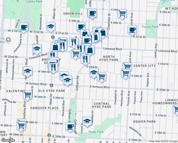 map of restaurants, bars, coffee shops, grocery stores, and more near 411 East 33rd Street in Kansas City