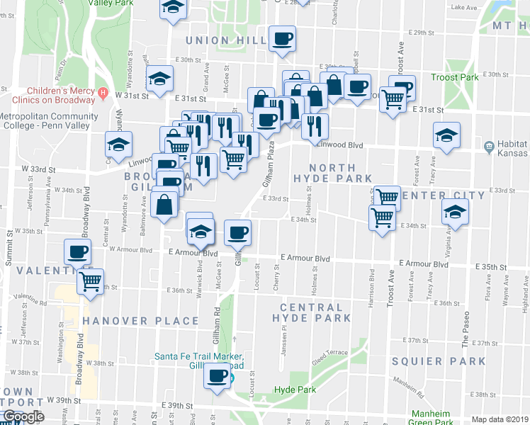 map of restaurants, bars, coffee shops, grocery stores, and more near 411 East 33rd Street in Kansas City
