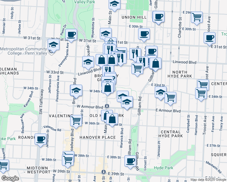 map of restaurants, bars, coffee shops, grocery stores, and more near 23 East 34th Street in Kansas City