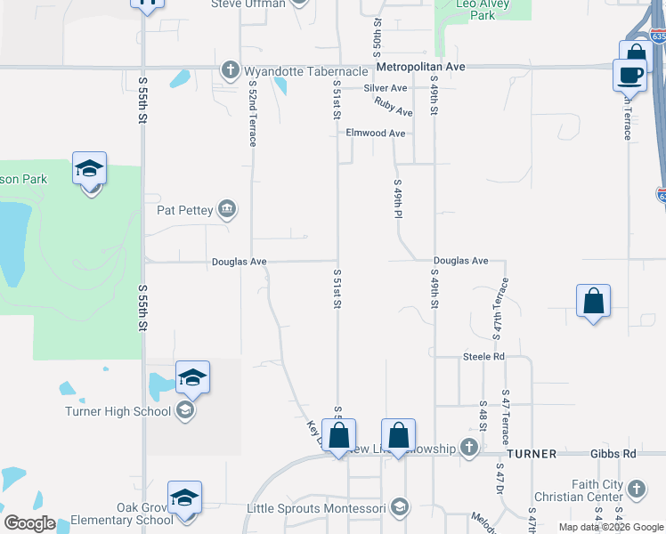 map of restaurants, bars, coffee shops, grocery stores, and more near 5112 Douglas Avenue in Kansas City