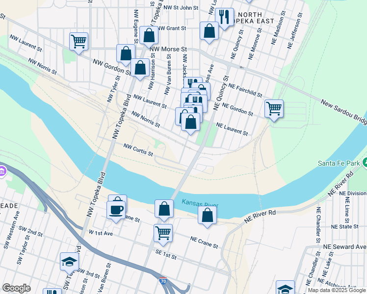 map of restaurants, bars, coffee shops, grocery stores, and more near 800 North Kansas Avenue in Topeka