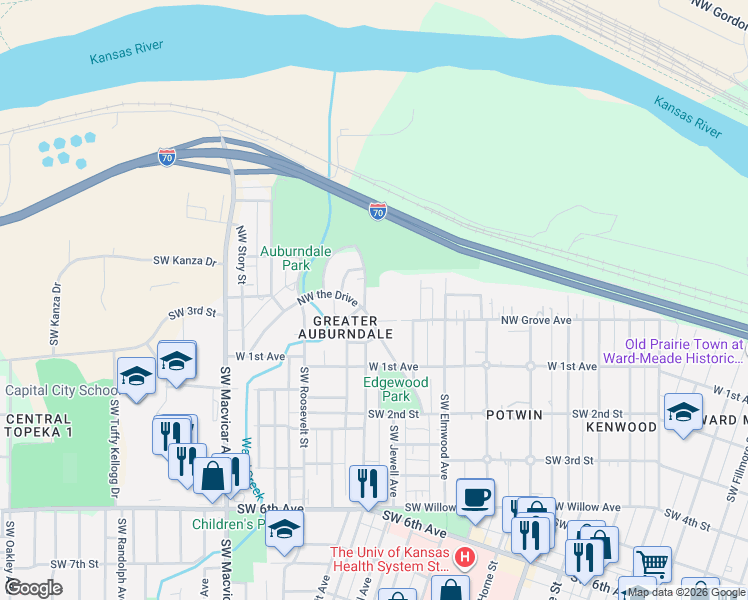 map of restaurants, bars, coffee shops, grocery stores, and more near 190 Northwest Hawthorne Street in Topeka