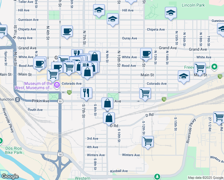 map of restaurants, bars, coffee shops, grocery stores, and more near 930 Ute Avenue in Grand Junction