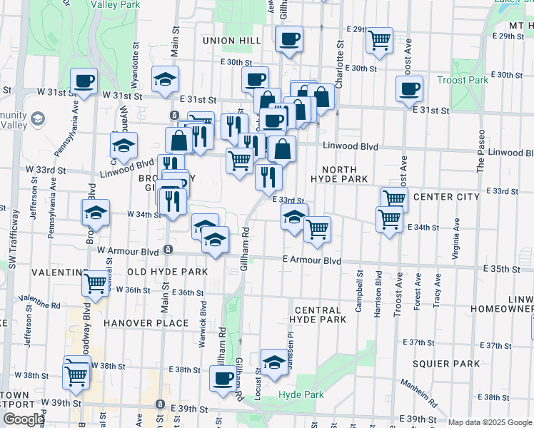 map of restaurants, bars, coffee shops, grocery stores, and more near 3340 Gillham Road in Kansas City