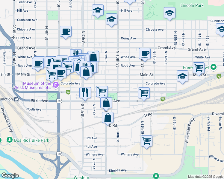 map of restaurants, bars, coffee shops, grocery stores, and more near 930 Ute Avenue in Grand Junction