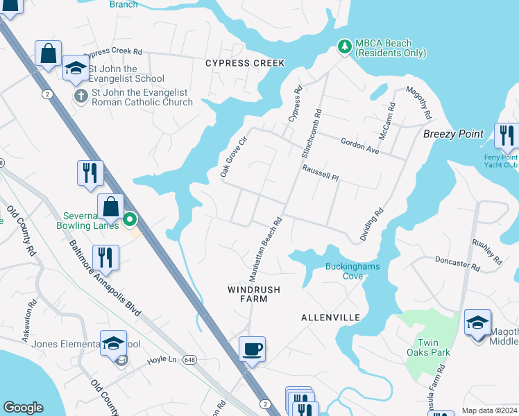 map of restaurants, bars, coffee shops, grocery stores, and more near 807 Maple Road in Severna Park