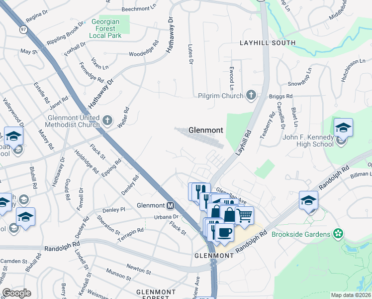 map of restaurants, bars, coffee shops, grocery stores, and more near 147 Klee Alley in Silver Spring