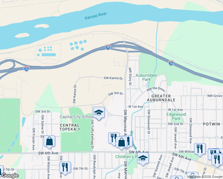 map of restaurants, bars, coffee shops, grocery stores, and more near 2660 Southwest 3rd Street in Topeka