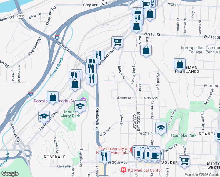 map of restaurants, bars, coffee shops, grocery stores, and more near 2122 Bristow Street in Kansas City