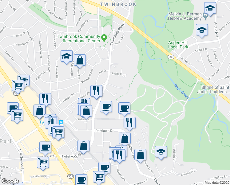 map of restaurants, bars, coffee shops, grocery stores, and more near 5501 Halpine Place in Rockville