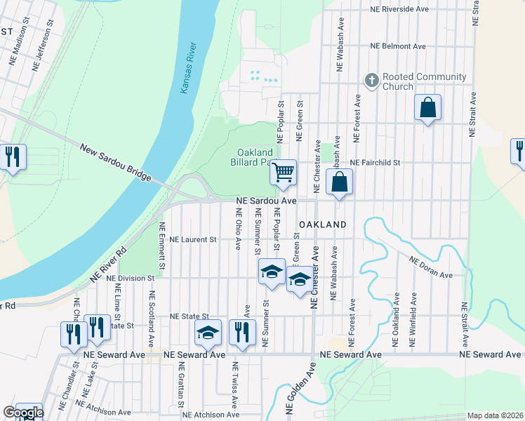 map of restaurants, bars, coffee shops, grocery stores, and more near 743 NE Sumner St in Topeka