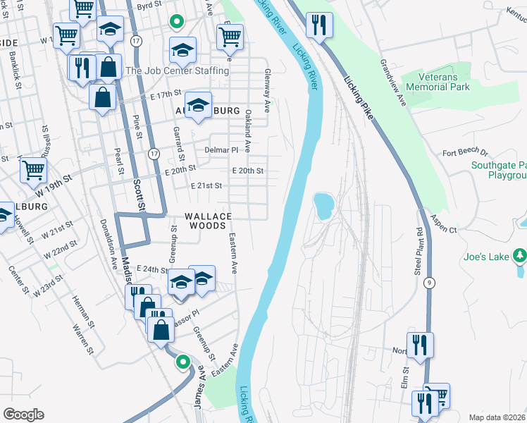 map of restaurants, bars, coffee shops, grocery stores, and more near 619 Durrett Street in Covington