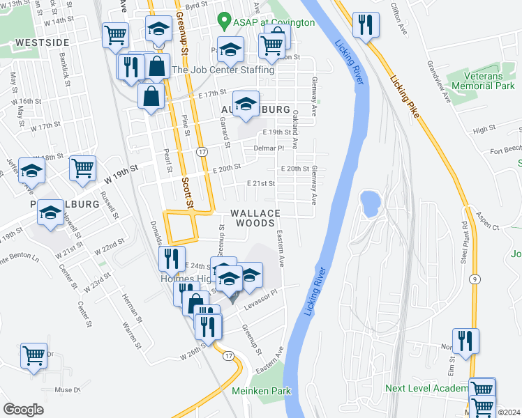 map of restaurants, bars, coffee shops, grocery stores, and more near 418 Wallace Avenue in Covington