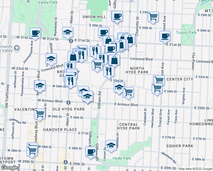 map of restaurants, bars, coffee shops, grocery stores, and more near 3346-3350 Gillham Road in Kansas City