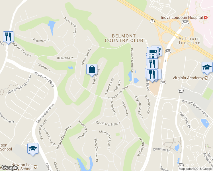 map of restaurants, bars, coffee shops, grocery stores, and more near 19871 Annenberg Drive in Ashburn